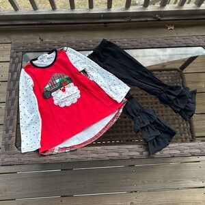 Marie Nicole Festive Santa Top and Black Ruffle Pants Set Size Medium (3T)